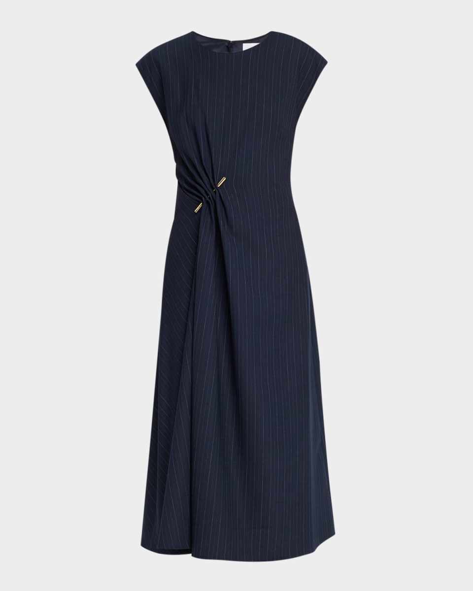 Pin Gathered Pinstripe Cap-Sleeve Midi Dress